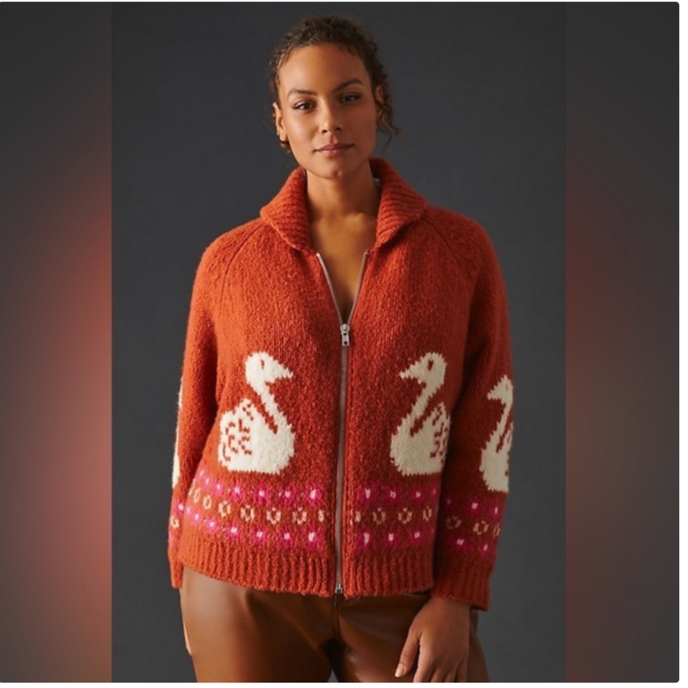 Anthropologie Rust and White Swan Cardigan - Picture 7 of 8